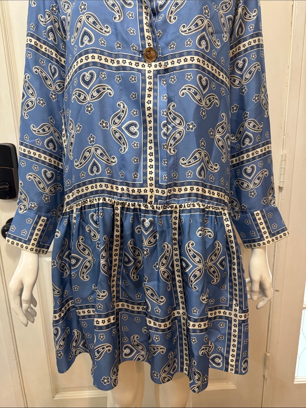 Sandro Blue Paisley Drop-Waist Long-Sleeve Women's Dress - Picture 6 of 16